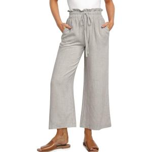 UEU Women’s Linen Capris Wide Leg Ruffle High Waisted Pants Casual Drawstring Summer Loose Capri Pants with Pockets(Light Gray)