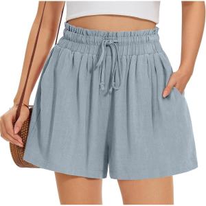 UEU Women’s Linen Capris Wide Leg Ruffle High Waisted Pants Casual Drawstring Summer Loose Capri Pants with Pockets(Light Gray Blue)