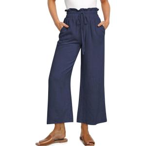 UEU Women’s Linen Capris Wide Leg Ruffle High Waisted Pants Casual Drawstring Summer Loose Capri Pants with Pockets(Navy)