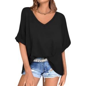 UEU Womens Oversized T-Shirts Summer V Neck Casual Shirts Short Sleeve Workout Tunic Tops(Black)