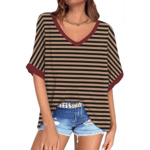 UEU Womens Oversized T-Shirts Summer V Neck Casual Shirts Short Sleeve Workout Tunic Tops(Black Coffee Striped)