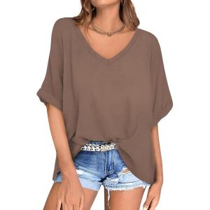 UEU Womens Oversized T-Shirts Summer V Neck Casual Shirts Short Sleeve Workout Tunic Tops(Coffee)