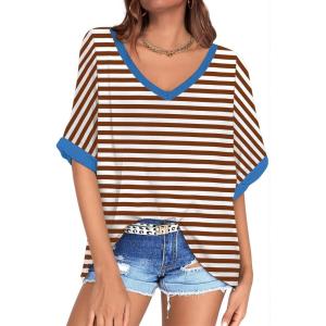 UEU Womens Oversized T-Shirts Summer V Neck Casual Shirts Short Sleeve Workout Tunic Tops(Coffee Striped)
