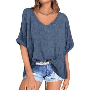 UEU Womens Oversized T-Shirts Summer V Neck Casual Shirts Short Sleeve Workout Tunic Tops(Heather Dark Blue)