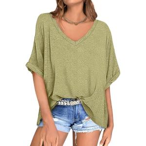 UEU Womens Oversized T-Shirts Summer V Neck Casual Shirts Short Sleeve Workout Tunic Tops(Heather Grass Green)