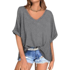 UEU Womens Oversized T-Shirts Summer V Neck Casual Shirts Short Sleeve Workout Tunic Tops(Heather Gray)