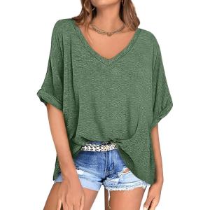 UEU Womens Oversized T-Shirts Summer V Neck Casual Shirts Short Sleeve Workout Tunic Tops(Heather Green)