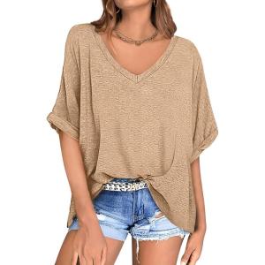 UEU Womens Oversized T-Shirts Summer V Neck Casual Shirts Short Sleeve Workout Tunic Tops(Heather Khaki)
