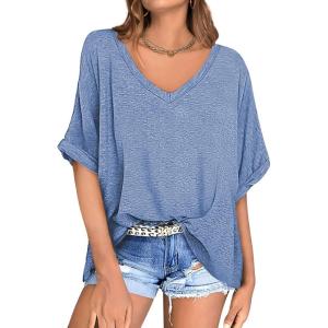 UEU Womens Oversized T-Shirts Summer V Neck Casual Shirts Short Sleeve Workout Tunic Tops(Heather Light Blue)