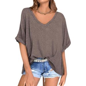 UEU Womens Oversized T-Shirts Summer V Neck Casual Shirts Short Sleeve Workout Tunic Tops(Heather Light Coffee)