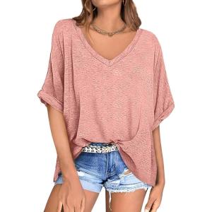 UEU Womens Oversized T-Shirts Summer V Neck Casual Shirts Short Sleeve Workout Tunic Tops(Heather Pink)