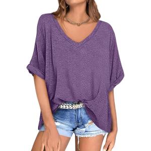 UEU Womens Oversized T-Shirts Summer V Neck Casual Shirts Short Sleeve Workout Tunic Tops(Heather Purple)
