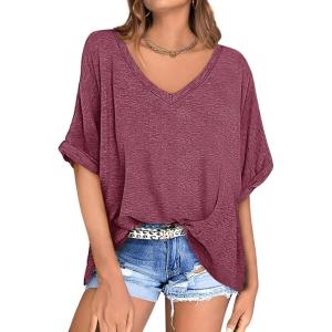 UEU Womens Oversized T-Shirts Summer V Neck Casual Shirts Short Sleeve Workout Tunic Tops(Heather Rose)