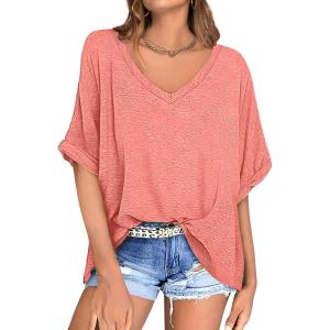 UEU Womens Oversized T-Shirts Summer V Neck Casual Shirts Short Sleeve Workout Tunic Tops(Heather Rust Pink)