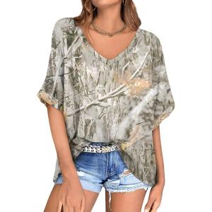 UEU Womens Oversized T-Shirts Summer V Neck Casual Shirts Short Sleeve Workout Tunic Tops(Mapleleaf Apricot)