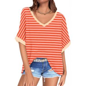 UEU Womens Oversized T-Shirts Summer V Neck Casual Shirts Short Sleeve Workout Tunic Tops(Orange Pink Striped)