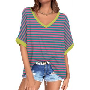 UEU Womens Oversized T-Shirts Summer V Neck Casual Shirts Short Sleeve Workout Tunic Tops(Pink Green Striped)