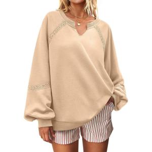 UEU Womens V Neck Crochet Sweatshirt Long Sleeve Oversized Pullover Loose Fit Casual Knit Tops Lightweight Sweater Shirt(Apricot)