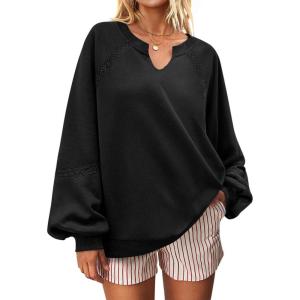 UEU Womens V Neck Crochet Sweatshirt Long Sleeve Oversized Pullover Loose Fit Casual Knit Tops Lightweight Sweater Shirt(Black)