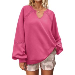 UEU Womens V Neck Crochet Sweatshirt Long Sleeve Oversized Pullover Loose Fit Casual Knit Tops Lightweight Sweater Shirt(Hotpink)