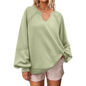 UEU Womens V Neck Crochet Sweatshirt Long Sleeve Oversized Pullover Loose Fit Casual Knit Tops Lightweight Sweater Shirt(Light Khaki Green)