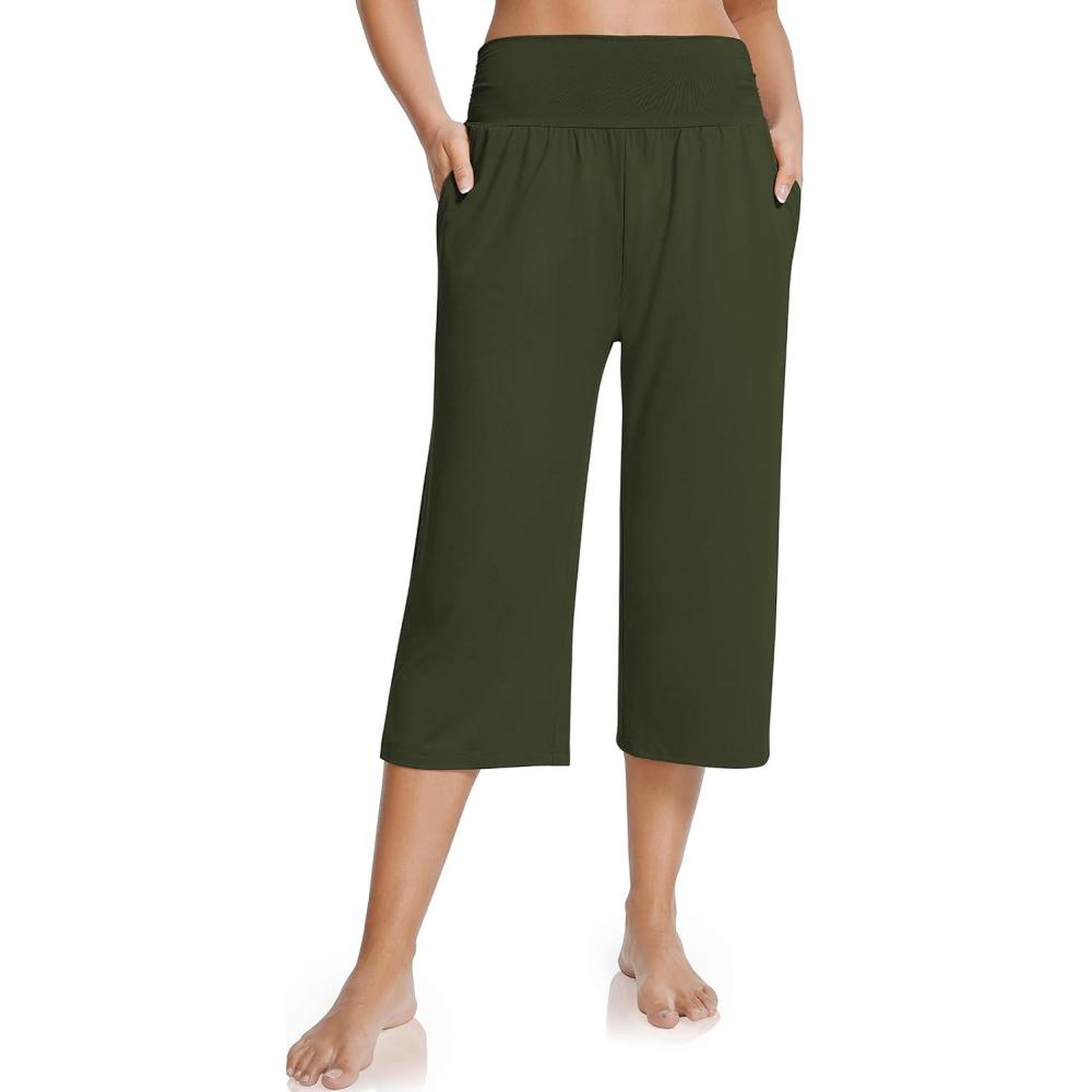image:imageUEU Womens Capri Pants Summer Loose Yoga Pants Comfy Workout Cropprd Pants with PocketsArmy Green