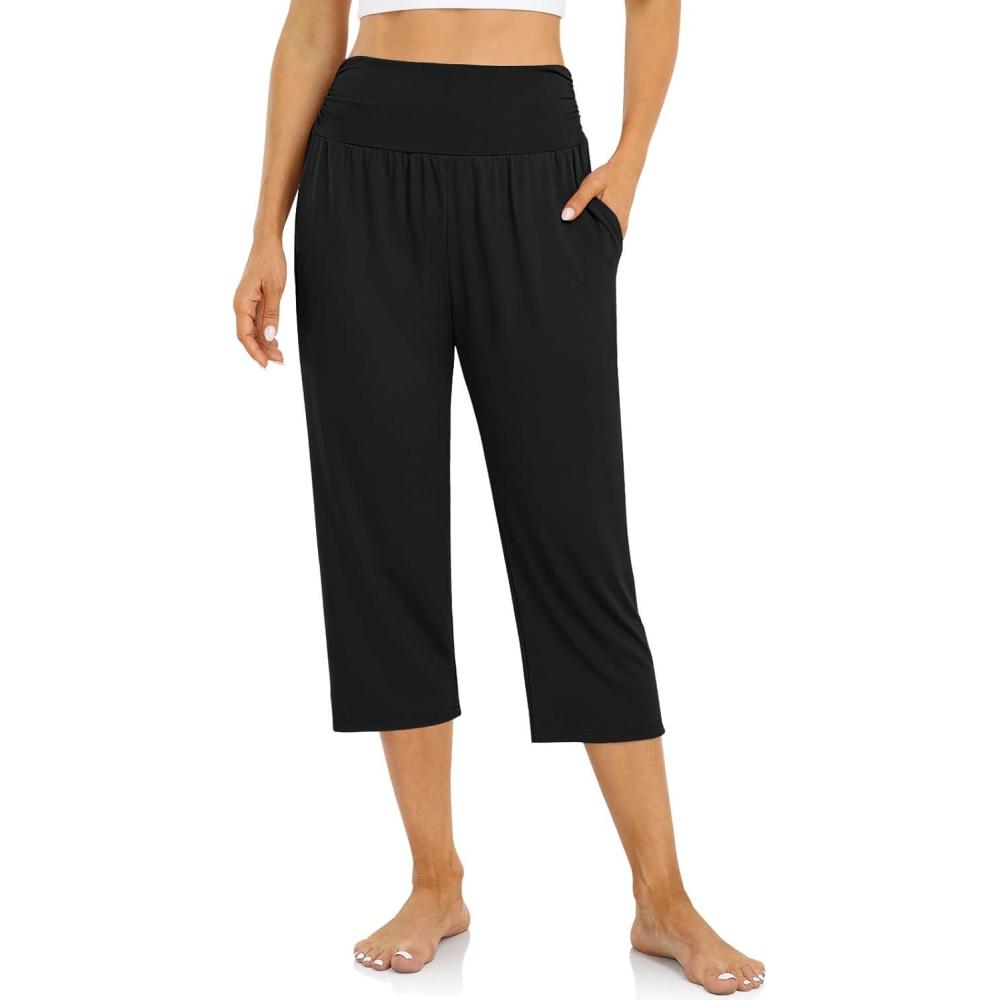 image:imageUEU Womens Capri Pants Summer Loose Yoga Pants Comfy Workout Cropprd Pants with PocketsCapris  Black