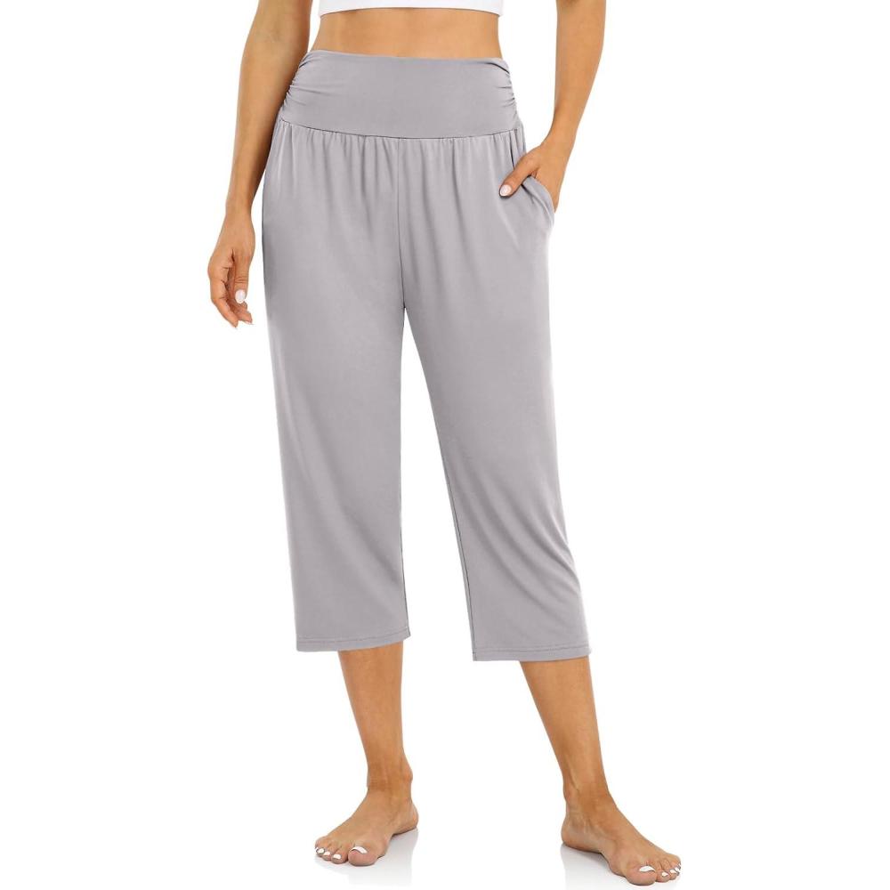 image:imageUEU Womens Capri Pants Summer Loose Yoga Pants Comfy Workout Cropprd Pants with PocketsCapris  Light Grey