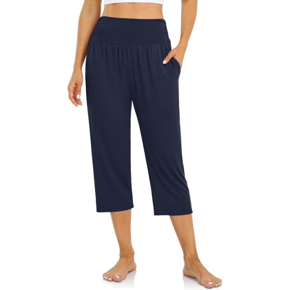 image:imageUEU Womens Capri Pants Summer Loose Yoga Pants Comfy Workout Cropprd Pants with PocketsCapris  Navy