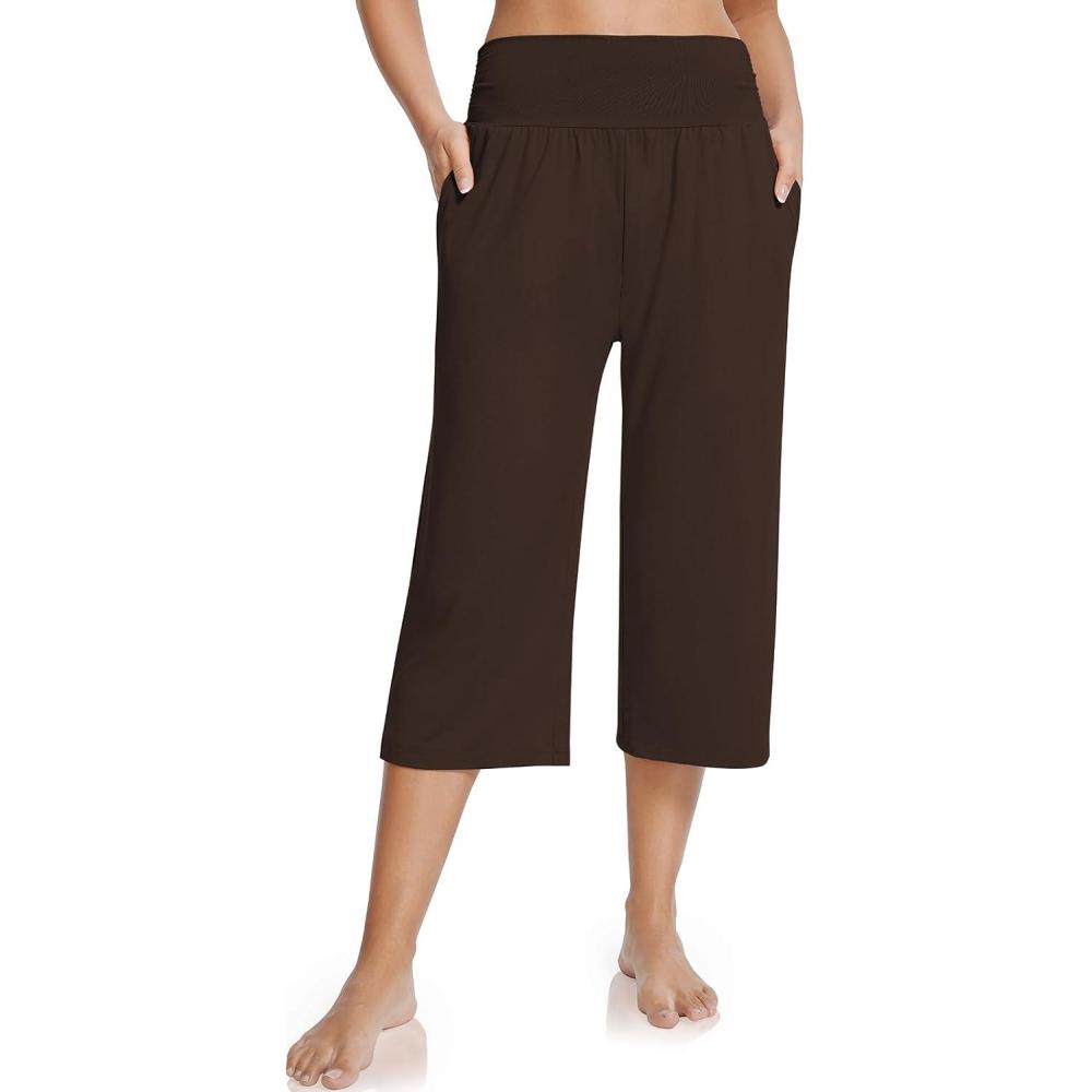 image:imageUEU Womens Capri Pants Summer Loose Yoga Pants Comfy Workout Cropprd Pants with PocketsDark Coffee