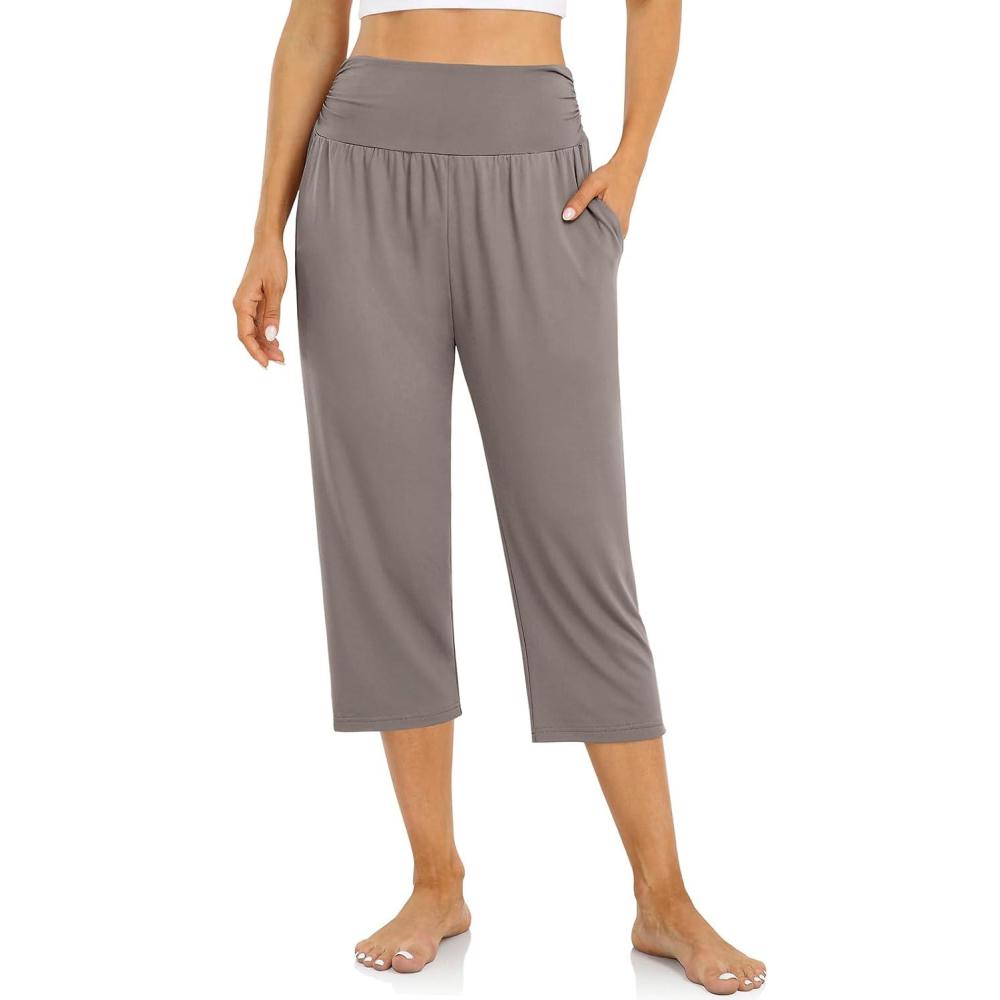 image:imageUEU Womens Capri Pants Summer Loose Yoga Pants Comfy Workout Cropprd Pants with PocketsDusty Gray