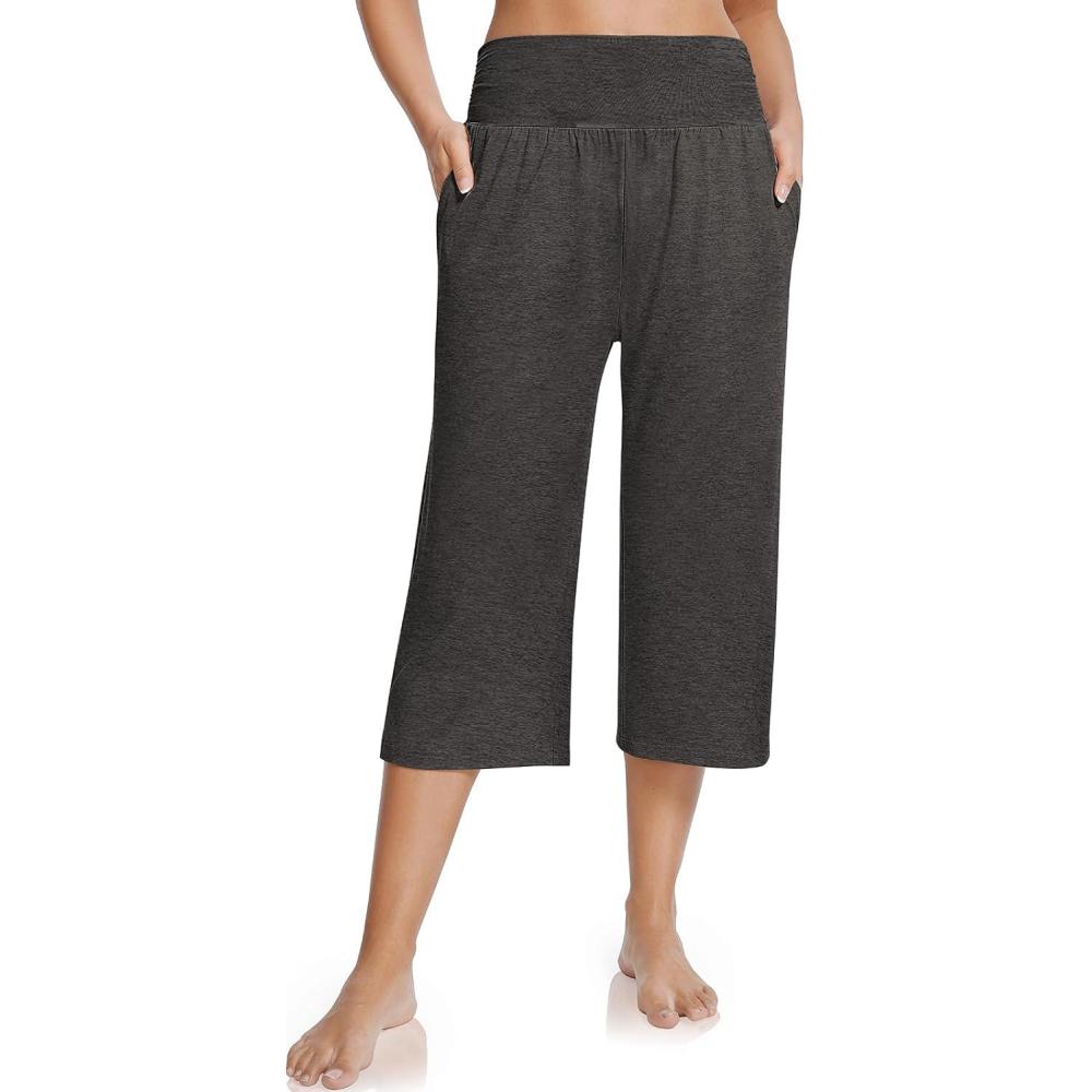 image:imageUEU Womens Capri Pants Summer Loose Yoga Pants Comfy Workout Cropprd Pants with PocketsHeather Dark Gray