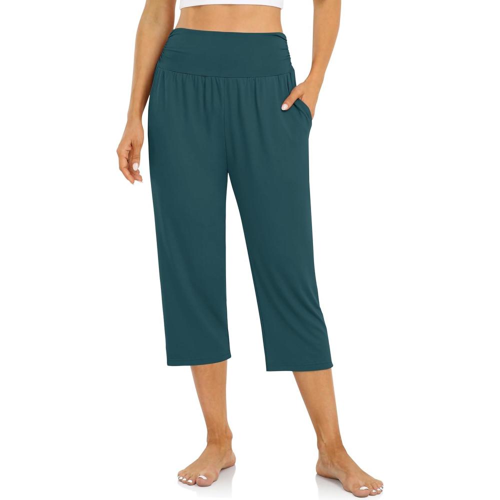 image:imageUEU Womens Capri Pants Summer Loose Yoga Pants Comfy Workout Cropprd Pants with PocketsMalachite Green