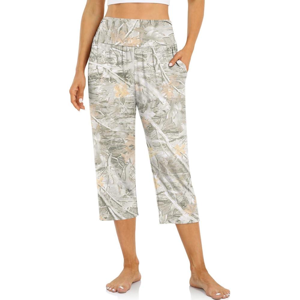 image:imageUEU Womens Capri Pants Summer Loose Yoga Pants Comfy Workout Cropprd Pants with PocketsMapleleaf Apricot