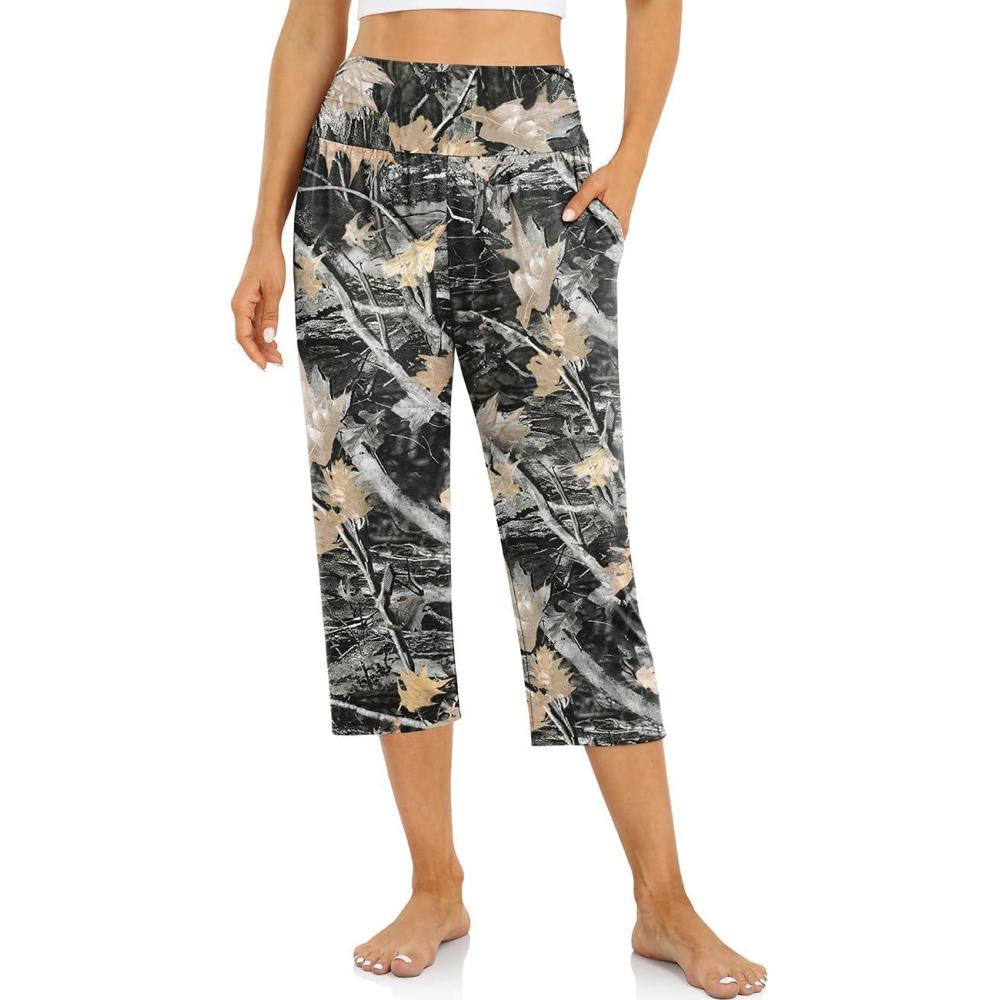image:imageUEU Womens Capri Pants Summer Loose Yoga Pants Comfy Workout Cropprd Pants with PocketsMapleleaf Black