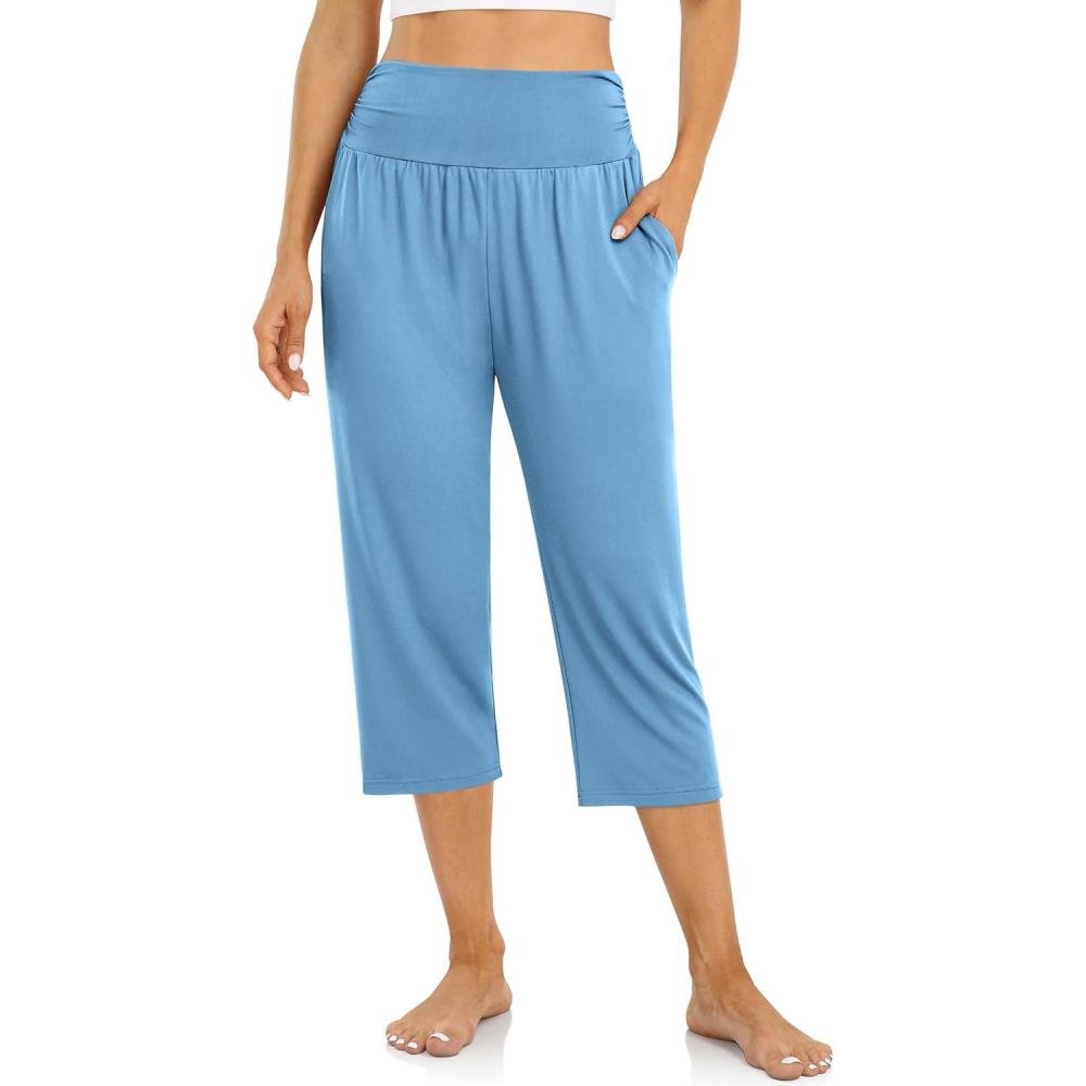 image:imageUEU Womens Capri Pants Summer Loose Yoga Pants Comfy Workout Cropprd Pants with PocketsMid Blue