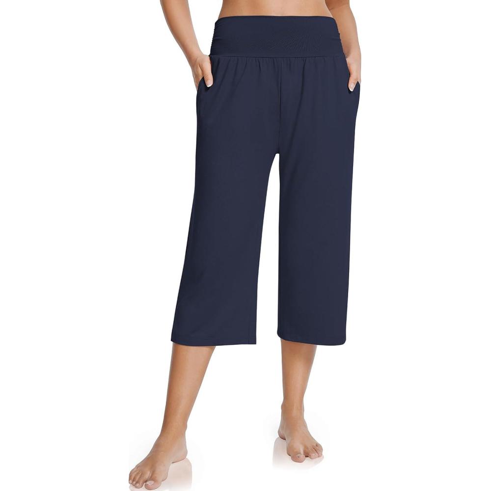 image:imageUEU Womens Capri Pants Summer Loose Yoga Pants Comfy Workout Cropprd Pants with PocketsNavy