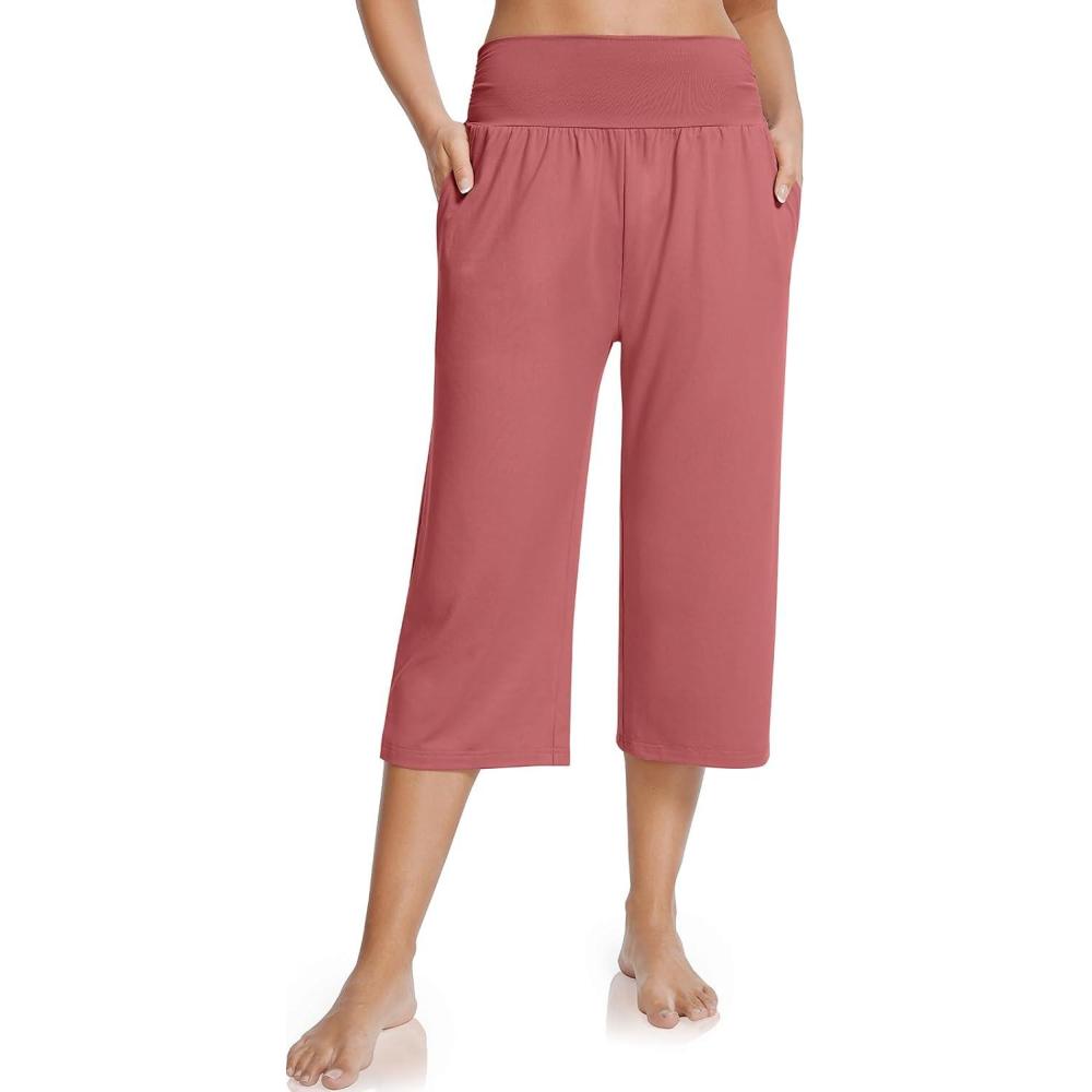 image:imageUEU Womens Capri Pants Summer Loose Yoga Pants Comfy Workout Cropprd Pants with PocketsRust Red