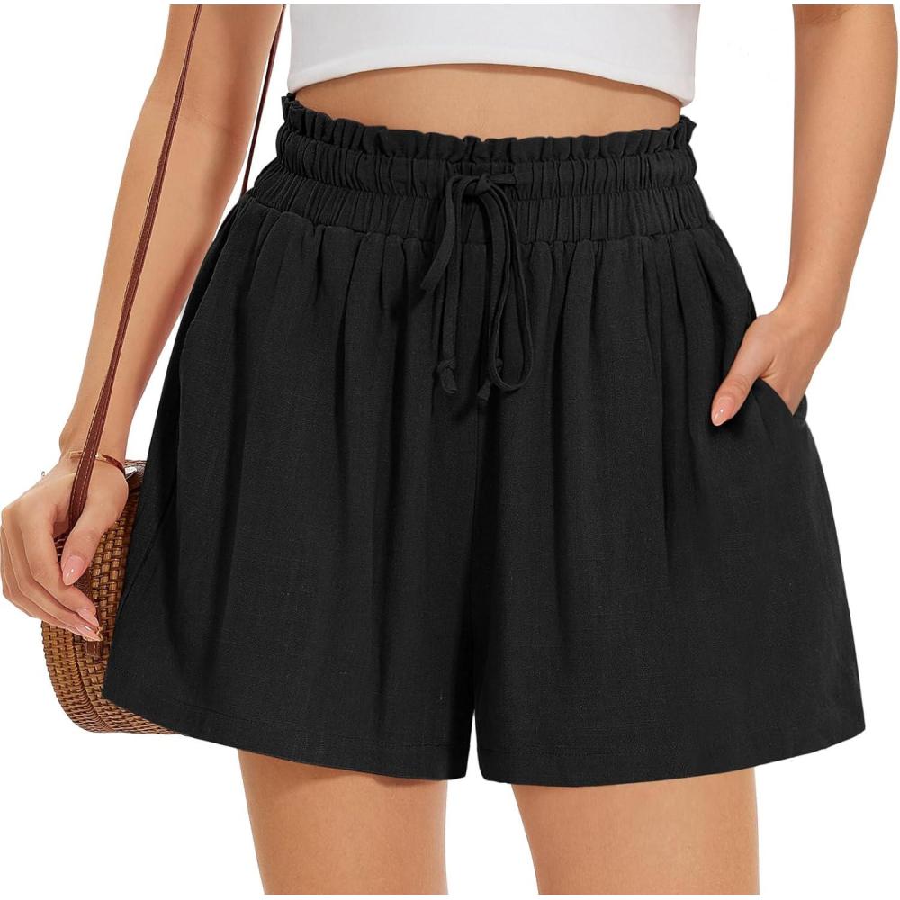 image:imageUEU Womens Linen Casual Shorts Summer Ruffle High Waisted Wide Leg Drawstring Beach Pleated Lounge Short with PocketsBlack