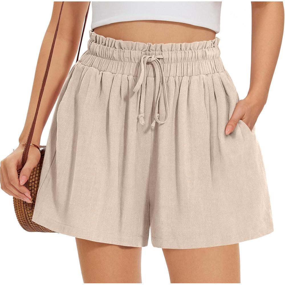 image:imageUEU Womens Linen Casual Shorts Summer Ruffle High Waisted Wide Leg Drawstring Beach Pleated Lounge Short with PocketsHeather Light Khaki
