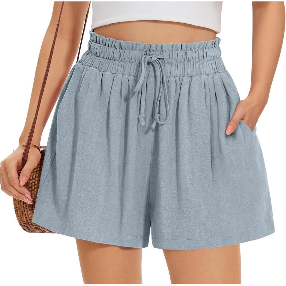 image:imageUEU Womens Linen Casual Shorts Summer Ruffle High Waisted Wide Leg Drawstring Beach Pleated Lounge Short with PocketsLight Gray Blue