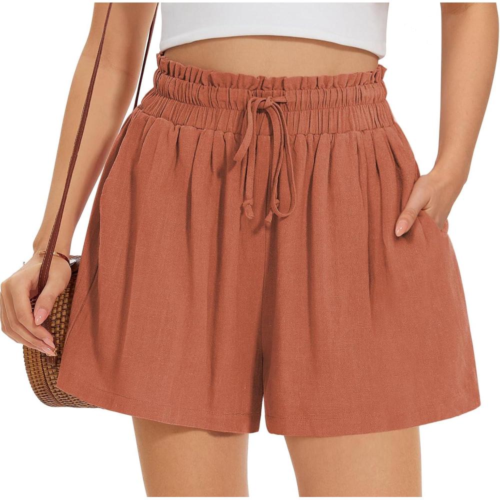 image:imageUEU Womens Linen Casual Shorts Summer Ruffle High Waisted Wide Leg Drawstring Beach Pleated Lounge Short with PocketsLight Red Brown