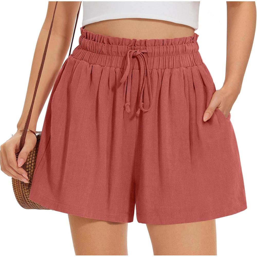 image:imageUEU Womens Linen Casual Shorts Summer Ruffle High Waisted Wide Leg Drawstring Beach Pleated Lounge Short with PocketsRust Red
