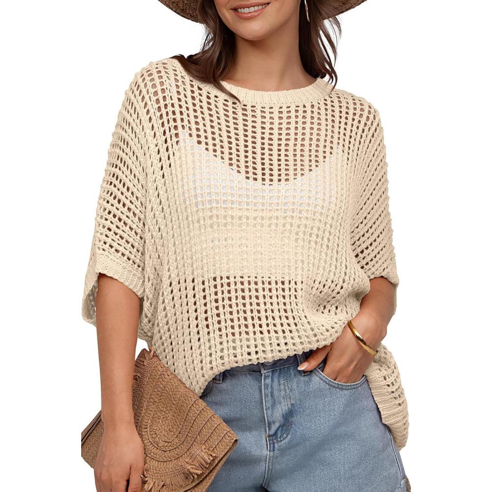 image:imageUEU Womens Summer Tops Crochet Short Sleeve Mesh Knit Sweater Shirts Beach Swimsuit Swim Cover Ups 2025 Trendy OutfitsBeige