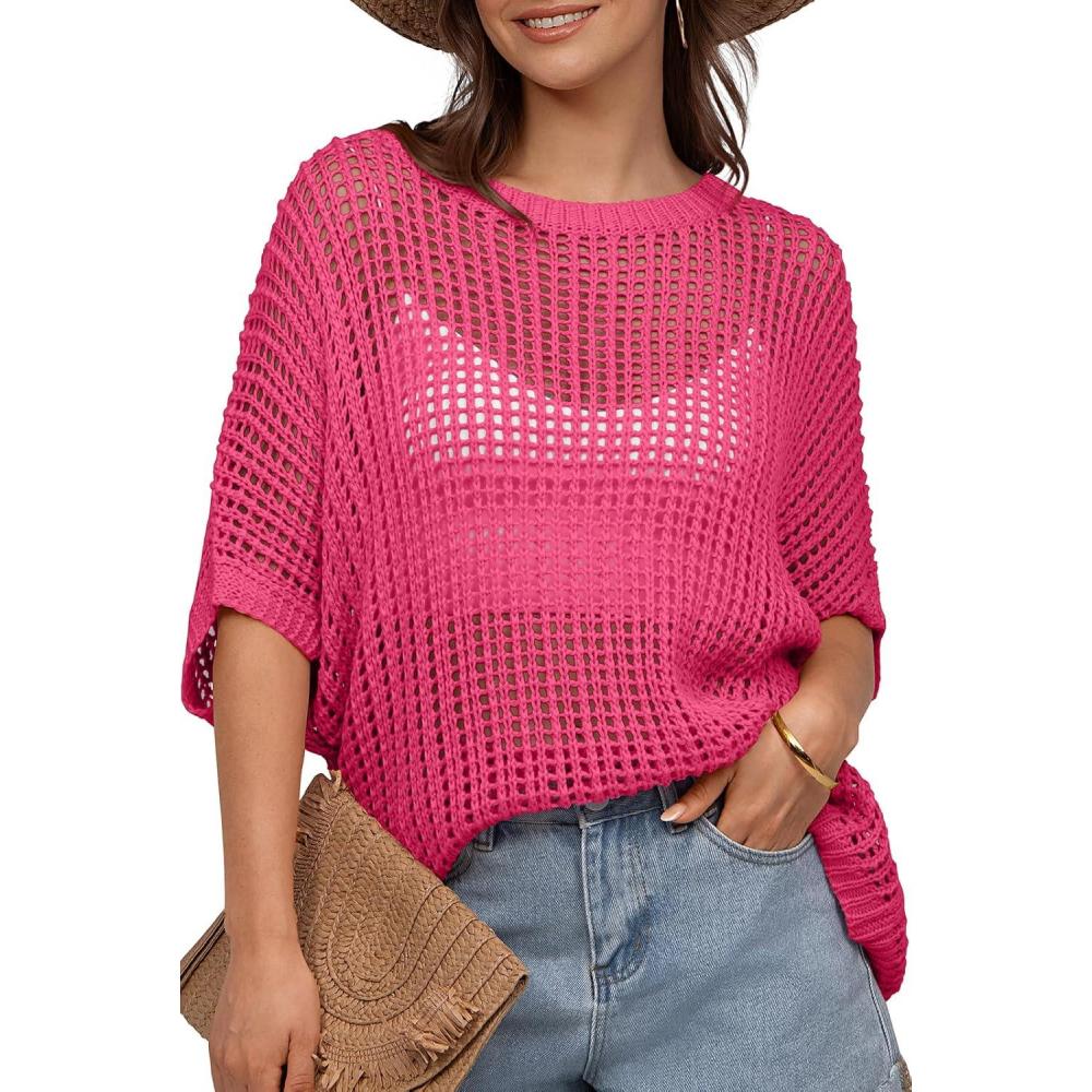 image:imageUEU Womens Summer Tops Crochet Short Sleeve Mesh Knit Sweater Shirts Beach Swimsuit Swim Cover Ups 2025 Trendy OutfitsHot Pink