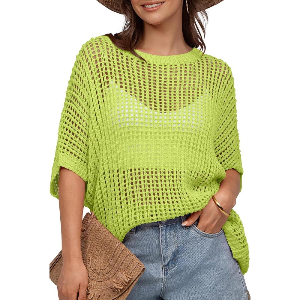 image:imageUEU Womens Summer Tops Crochet Short Sleeve Mesh Knit Sweater Shirts Beach Swimsuit Swim Cover Ups 2025 Trendy OutfitsNeon Green