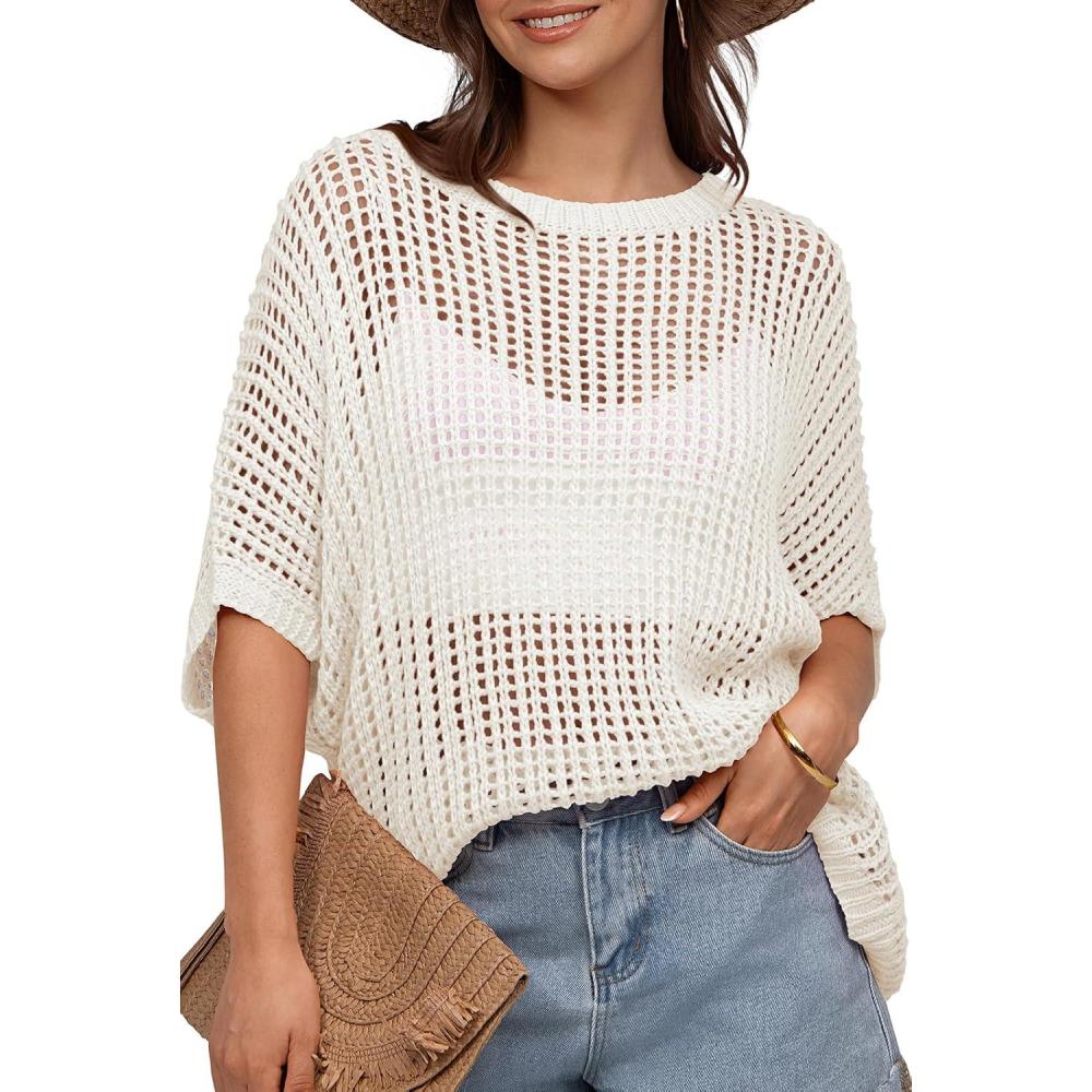 image:imageUEU Womens Summer Tops Crochet Short Sleeve Mesh Knit Sweater Shirts Beach Swimsuit Swim Cover Ups 2025 Trendy OutfitsWhite