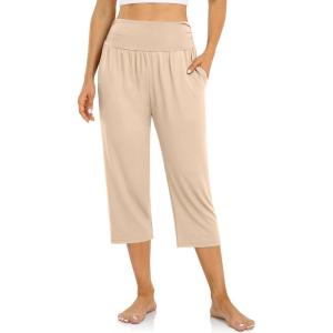 UEU Women’s Capri Pants Summer Loose Yoga Pants Comfy Workout Cropprd Pants with Pockets(Capris  Beige)