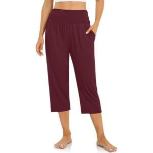 UEU Women’s Capri Pants Summer Loose Yoga Pants Comfy Workout Cropprd Pants with Pockets(Capris  Wine)