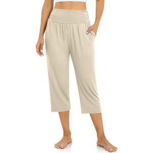 UEU Women’s Capri Pants Summer Loose Yoga Pants Comfy Workout Cropprd Pants with Pockets(Cream)